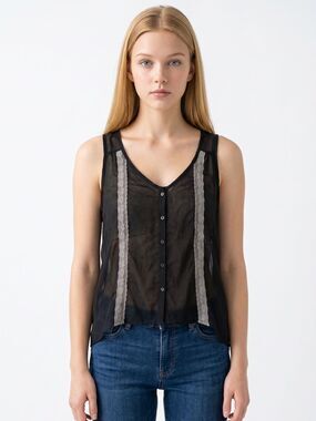 LOVE SQUARED | Sheer Button Front Tank Top Black